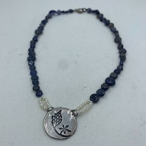 Silver Pendant, Black stones & pearl bead Necklace